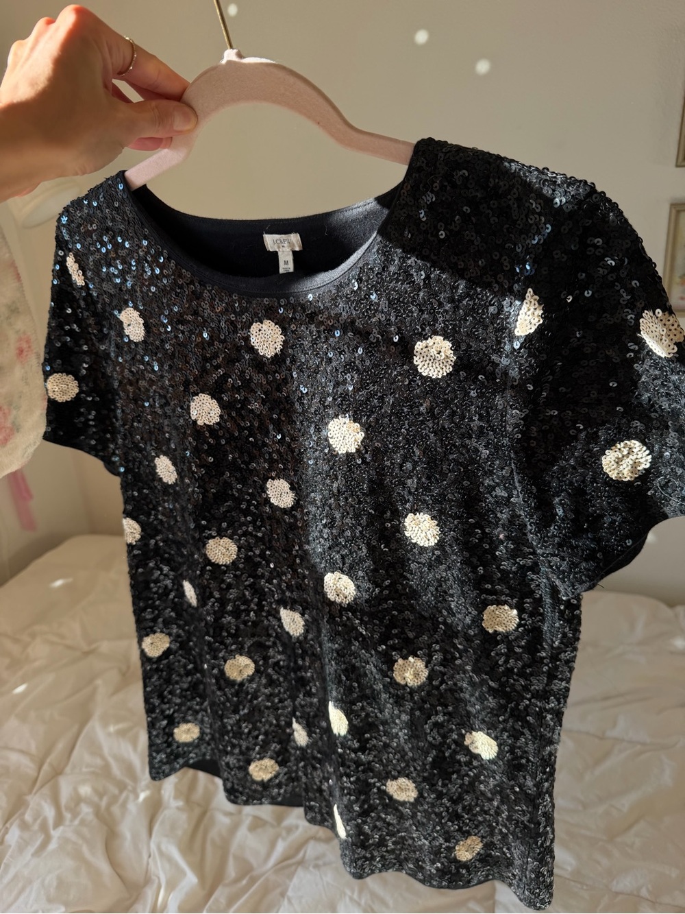 J Crew Sequin Polka Dot Short Sleeve Top - Black with White Dots